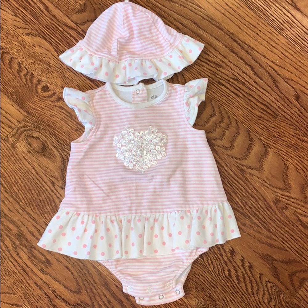 Pink and white sleeveless onesie with matching hat